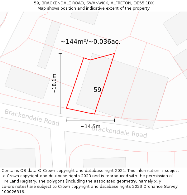 59, BRACKENDALE ROAD, SWANWICK, ALFRETON, DE55 1DX: Plot and title map