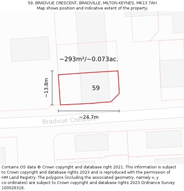 59, BRADVUE CRESCENT, BRADVILLE, MILTON KEYNES, MK13 7AH: Plot and title map