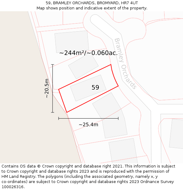 59, BRAMLEY ORCHARDS, BROMYARD, HR7 4UT: Plot and title map