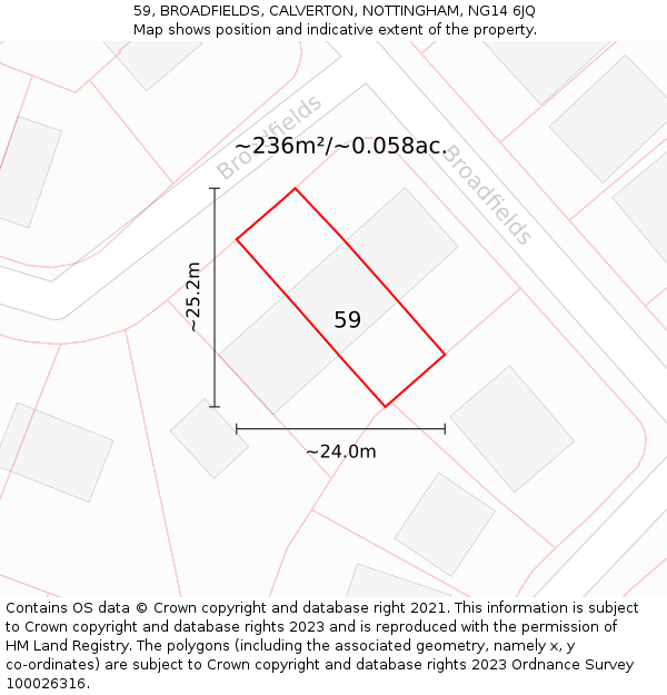59, BROADFIELDS, CALVERTON, NOTTINGHAM, NG14 6JQ: Plot and title map