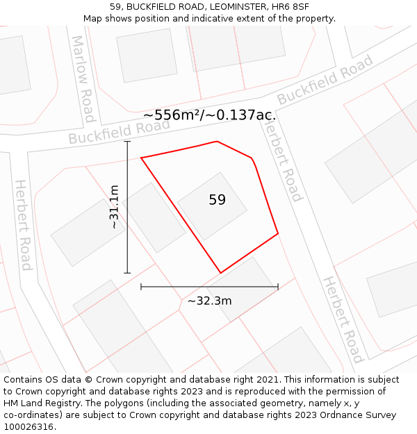 59, BUCKFIELD ROAD, LEOMINSTER, HR6 8SF: Plot and title map
