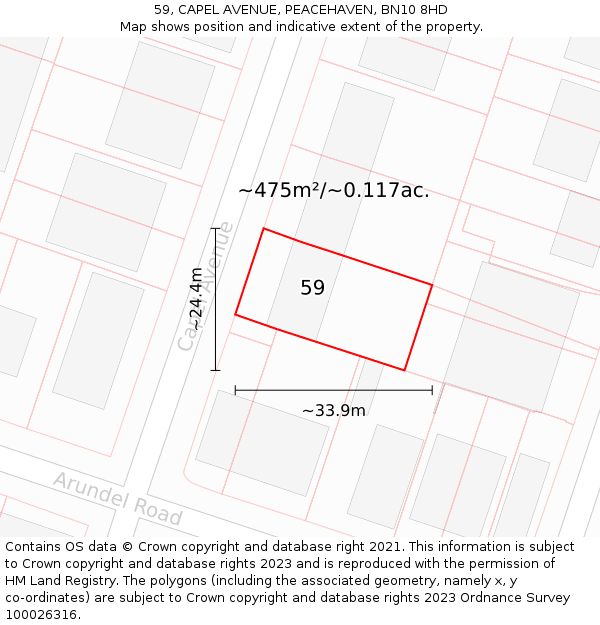 59, CAPEL AVENUE, PEACEHAVEN, BN10 8HD: Plot and title map