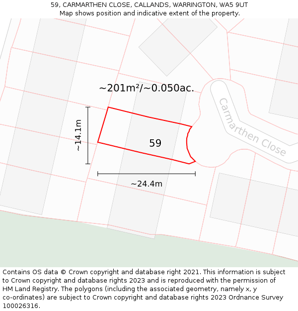 59, CARMARTHEN CLOSE, CALLANDS, WARRINGTON, WA5 9UT: Plot and title map