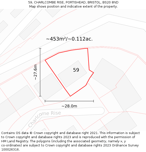 59, CHARLCOMBE RISE, PORTISHEAD, BRISTOL, BS20 8ND: Plot and title map