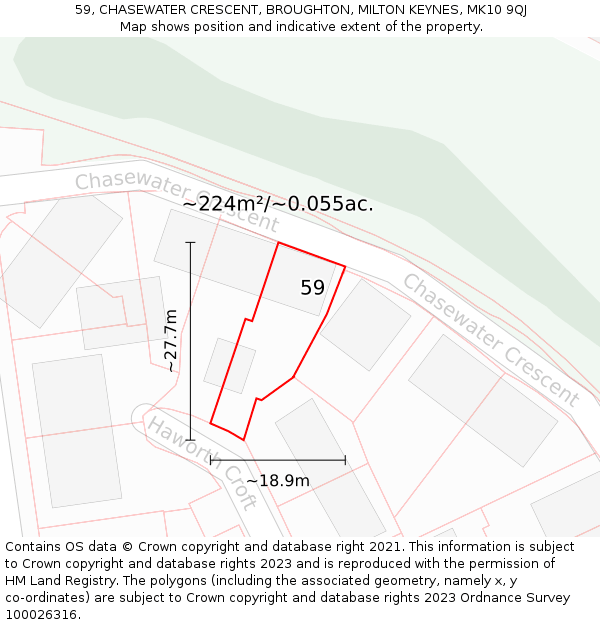 59, CHASEWATER CRESCENT, BROUGHTON, MILTON KEYNES, MK10 9QJ: Plot and title map