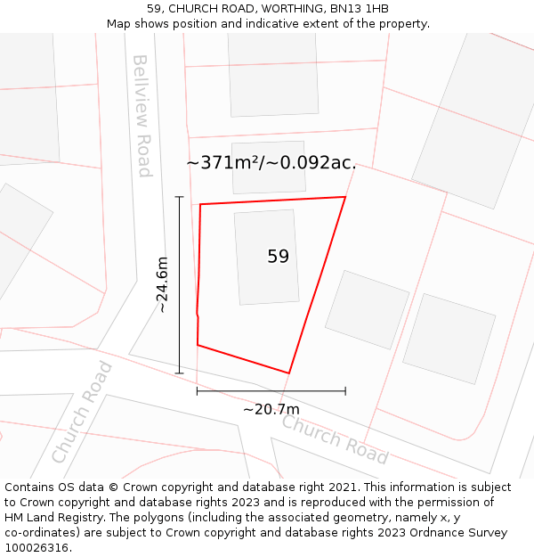 59, CHURCH ROAD, WORTHING, BN13 1HB: Plot and title map