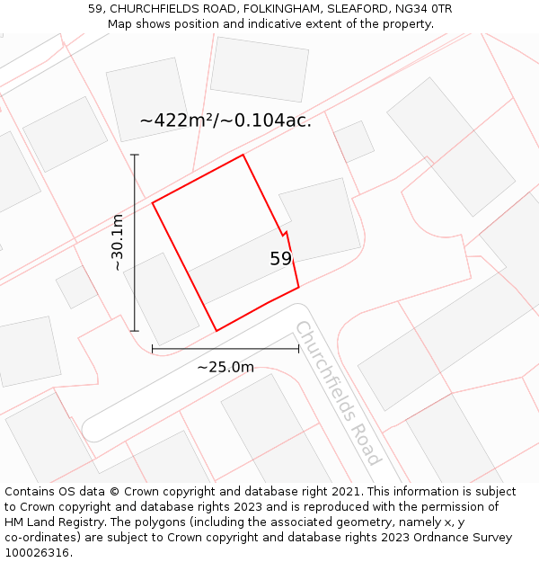 59, CHURCHFIELDS ROAD, FOLKINGHAM, SLEAFORD, NG34 0TR: Plot and title map