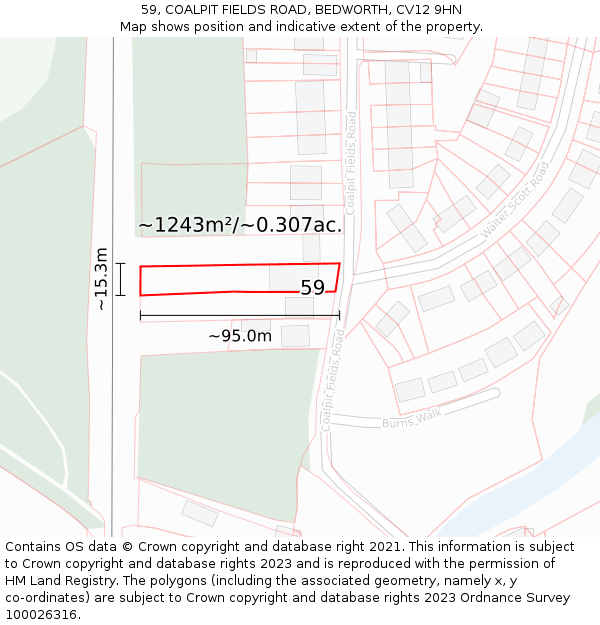 59, COALPIT FIELDS ROAD, BEDWORTH, CV12 9HN: Plot and title map