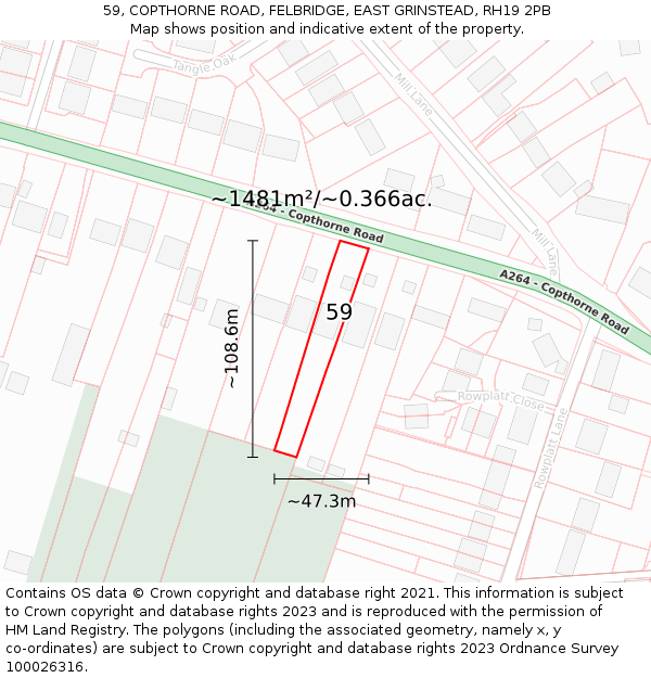 59, COPTHORNE ROAD, FELBRIDGE, EAST GRINSTEAD, RH19 2PB: Plot and title map