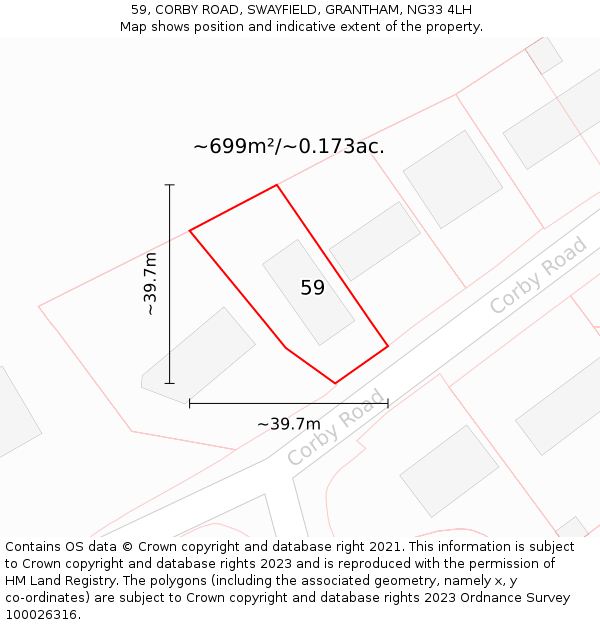 59, CORBY ROAD, SWAYFIELD, GRANTHAM, NG33 4LH: Plot and title map