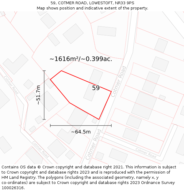 59, COTMER ROAD, LOWESTOFT, NR33 9PS: Plot and title map