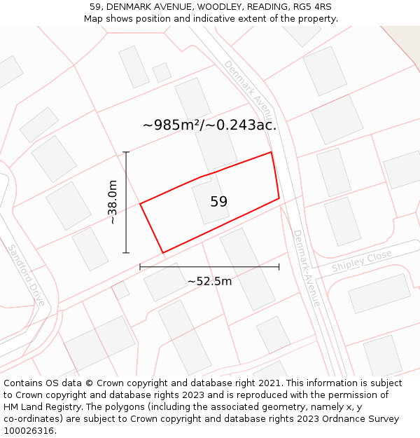 59, DENMARK AVENUE, WOODLEY, READING, RG5 4RS: Plot and title map