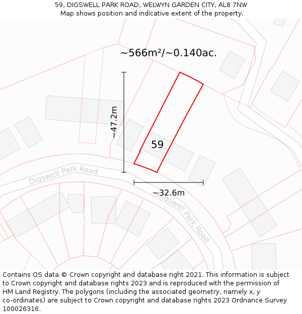 59, DIGSWELL PARK ROAD, WELWYN GARDEN CITY, AL8 7NW: Plot and title map