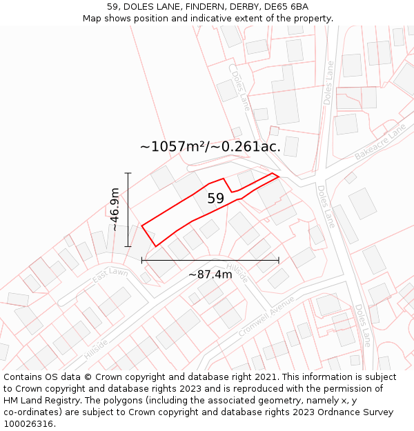 59, DOLES LANE, FINDERN, DERBY, DE65 6BA: Plot and title map