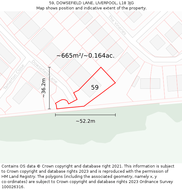 59, DOWSEFIELD LANE, LIVERPOOL, L18 3JG: Plot and title map