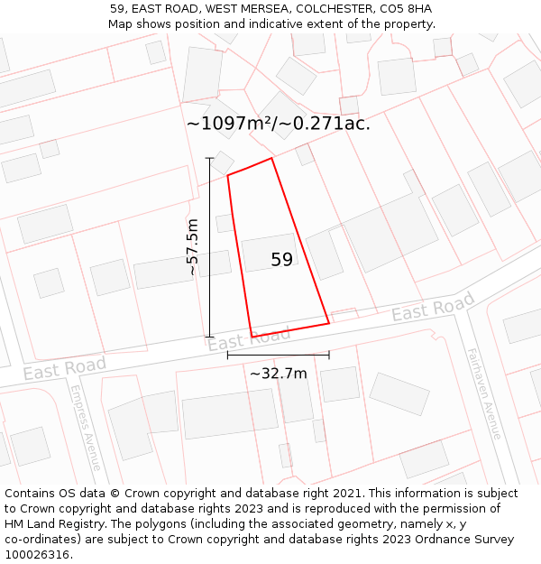 59, EAST ROAD, WEST MERSEA, COLCHESTER, CO5 8HA: Plot and title map