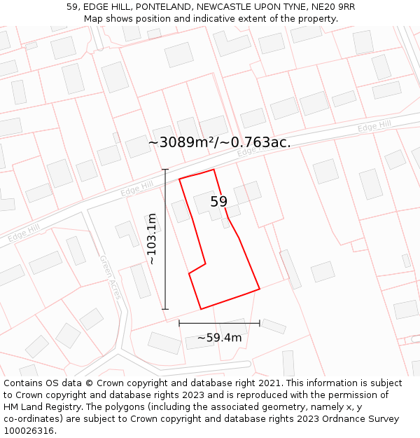 59, EDGE HILL, PONTELAND, NEWCASTLE UPON TYNE, NE20 9RR: Plot and title map