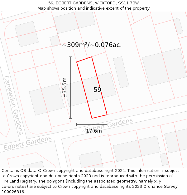 59, EGBERT GARDENS, WICKFORD, SS11 7BW: Plot and title map