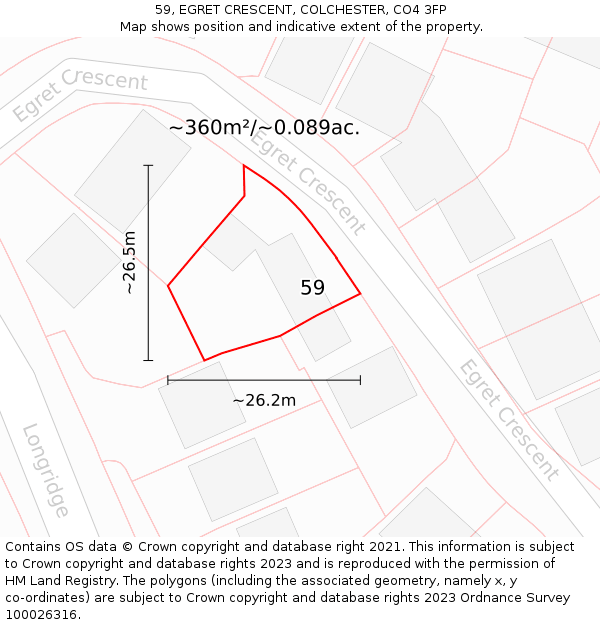 59, EGRET CRESCENT, COLCHESTER, CO4 3FP: Plot and title map