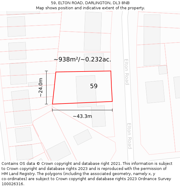 59, ELTON ROAD, DARLINGTON, DL3 8NB: Plot and title map