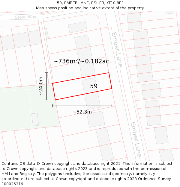 59, EMBER LANE, ESHER, KT10 8EF: Plot and title map