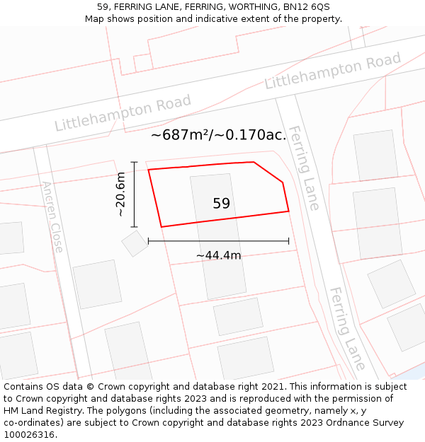 59, FERRING LANE, FERRING, WORTHING, BN12 6QS: Plot and title map