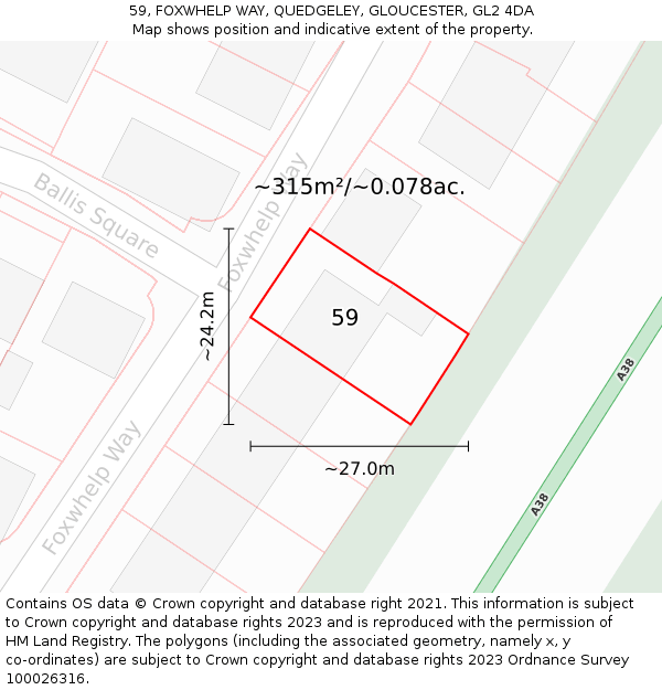 59, FOXWHELP WAY, QUEDGELEY, GLOUCESTER, GL2 4DA: Plot and title map