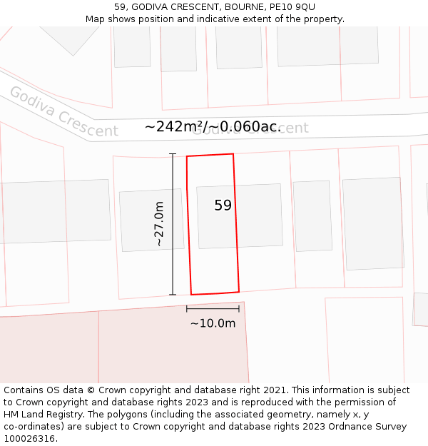 59, GODIVA CRESCENT, BOURNE, PE10 9QU: Plot and title map