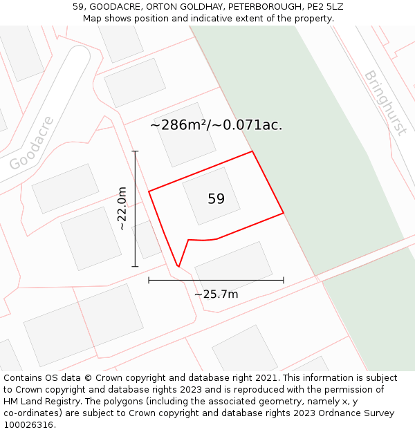 59, GOODACRE, ORTON GOLDHAY, PETERBOROUGH, PE2 5LZ: Plot and title map