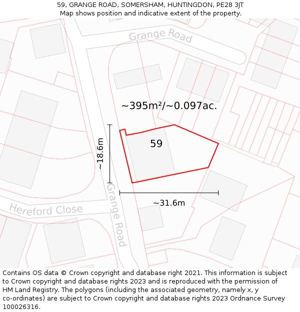 59, GRANGE ROAD, SOMERSHAM, HUNTINGDON, PE28 3JT: Plot and title map