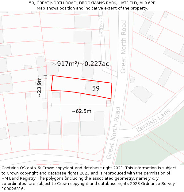 59, GREAT NORTH ROAD, BROOKMANS PARK, HATFIELD, AL9 6PR: Plot and title map