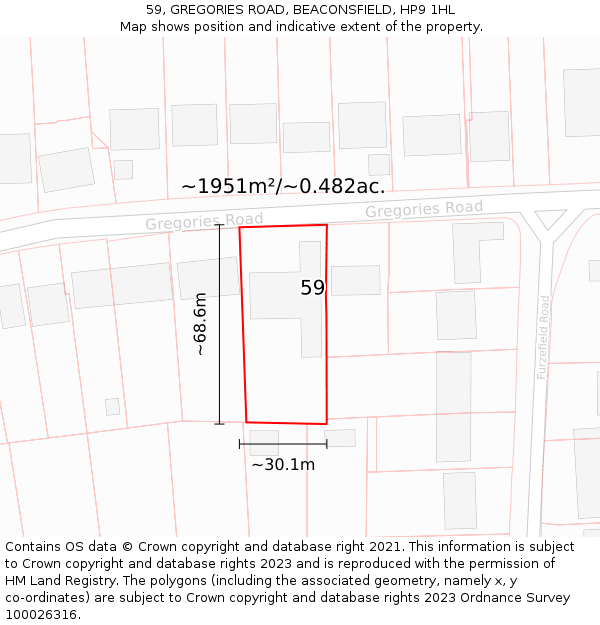 59, GREGORIES ROAD, BEACONSFIELD, HP9 1HL: Plot and title map