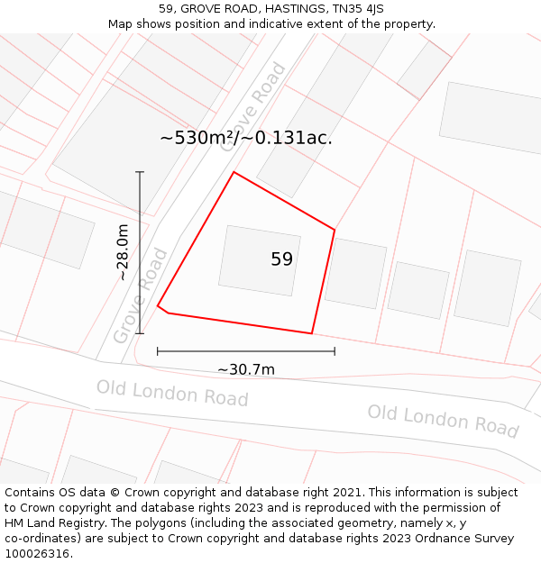 59, GROVE ROAD, HASTINGS, TN35 4JS: Plot and title map