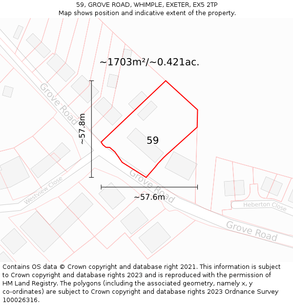 59, GROVE ROAD, WHIMPLE, EXETER, EX5 2TP: Plot and title map