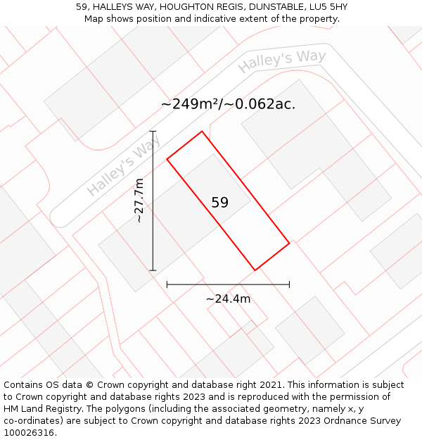 59, HALLEYS WAY, HOUGHTON REGIS, DUNSTABLE, LU5 5HY: Plot and title map