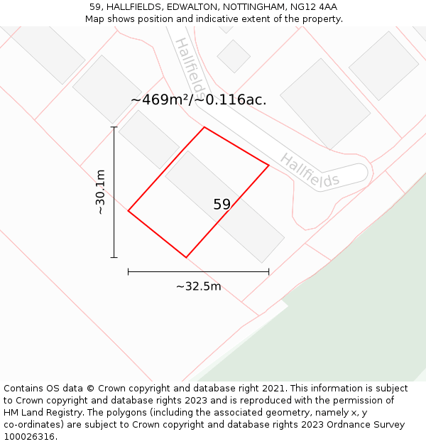 59, HALLFIELDS, EDWALTON, NOTTINGHAM, NG12 4AA: Plot and title map