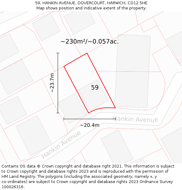 59, HANKIN AVENUE, DOVERCOURT, HARWICH, CO12 5HE: Plot and title map