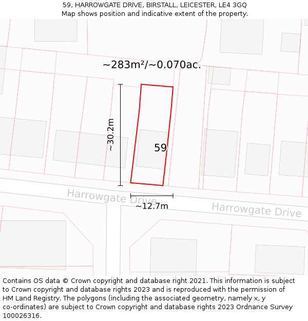 59, HARROWGATE DRIVE, BIRSTALL, LEICESTER, LE4 3GQ: Plot and title map