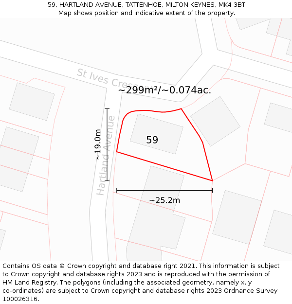 59, HARTLAND AVENUE, TATTENHOE, MILTON KEYNES, MK4 3BT: Plot and title map