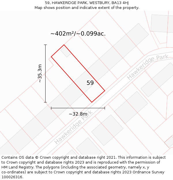 59, HAWKERIDGE PARK, WESTBURY, BA13 4HJ: Plot and title map