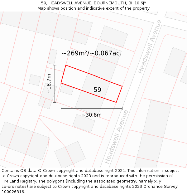 59, HEADSWELL AVENUE, BOURNEMOUTH, BH10 6JY: Plot and title map