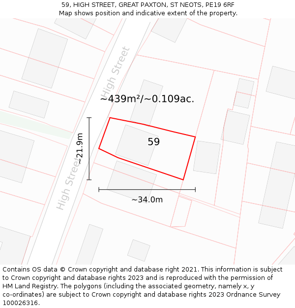 59, HIGH STREET, GREAT PAXTON, ST NEOTS, PE19 6RF: Plot and title map