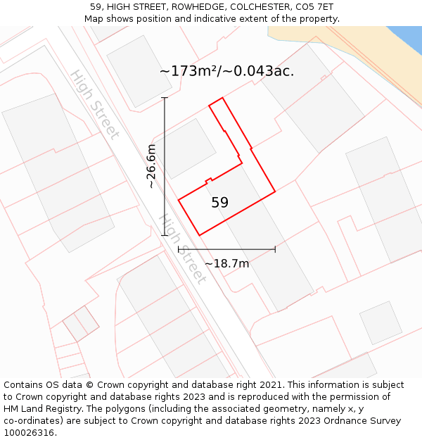 59, HIGH STREET, ROWHEDGE, COLCHESTER, CO5 7ET: Plot and title map