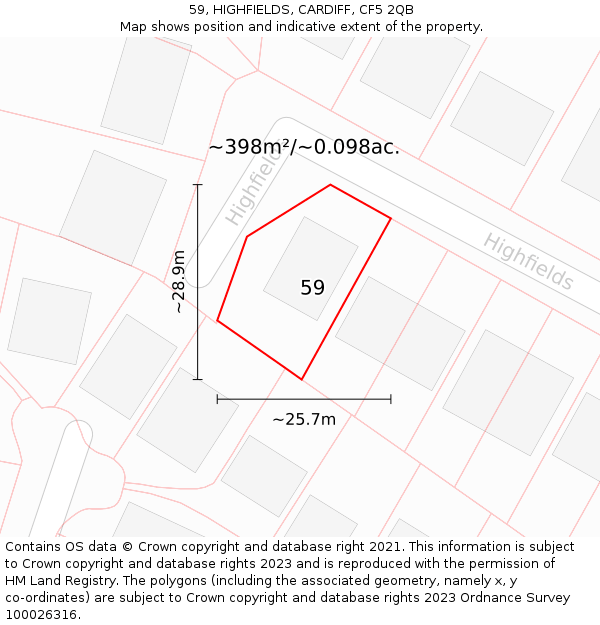 59, HIGHFIELDS, CARDIFF, CF5 2QB: Plot and title map