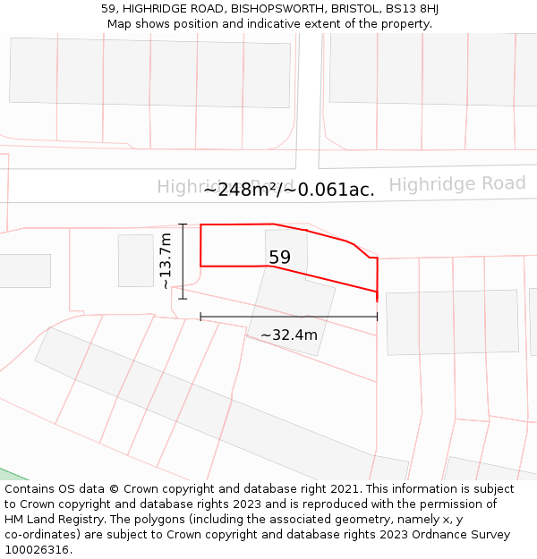 59, HIGHRIDGE ROAD, BISHOPSWORTH, BRISTOL, BS13 8HJ: Plot and title map