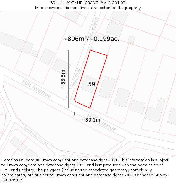 59, HILL AVENUE, GRANTHAM, NG31 9BJ: Plot and title map