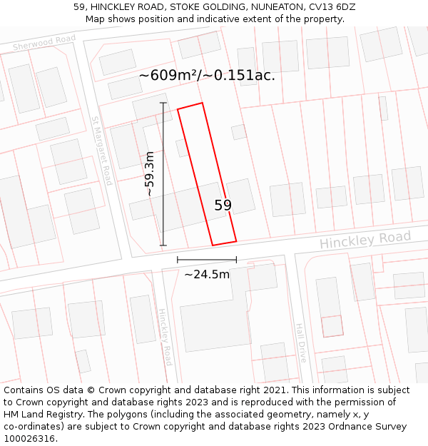 59, HINCKLEY ROAD, STOKE GOLDING, NUNEATON, CV13 6DZ: Plot and title map