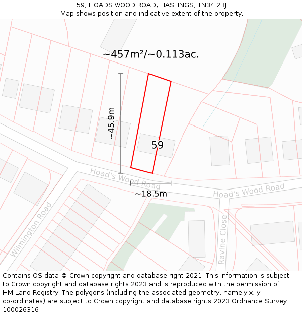 59, HOADS WOOD ROAD, HASTINGS, TN34 2BJ: Plot and title map