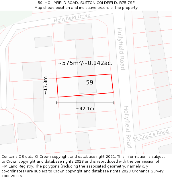 59, HOLLYFIELD ROAD, SUTTON COLDFIELD, B75 7SE: Plot and title map