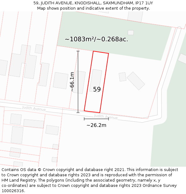 59, JUDITH AVENUE, KNODISHALL, SAXMUNDHAM, IP17 1UY: Plot and title map